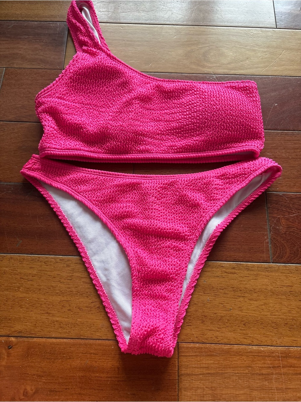 SHEIN Hot Pink Textured One-Shoulder Bikini Set